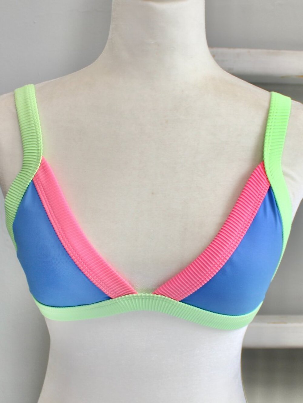 ONEONE Kameron Triangle Bikini Top Colorblock Neon Green Blue Pink Size Medium